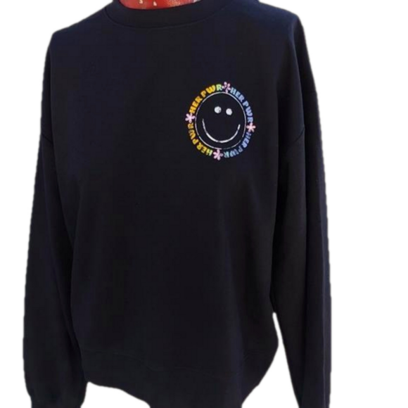 Ladies Cropped Happy Face Sweatshirt in Black-Large - Picture 2 of 8